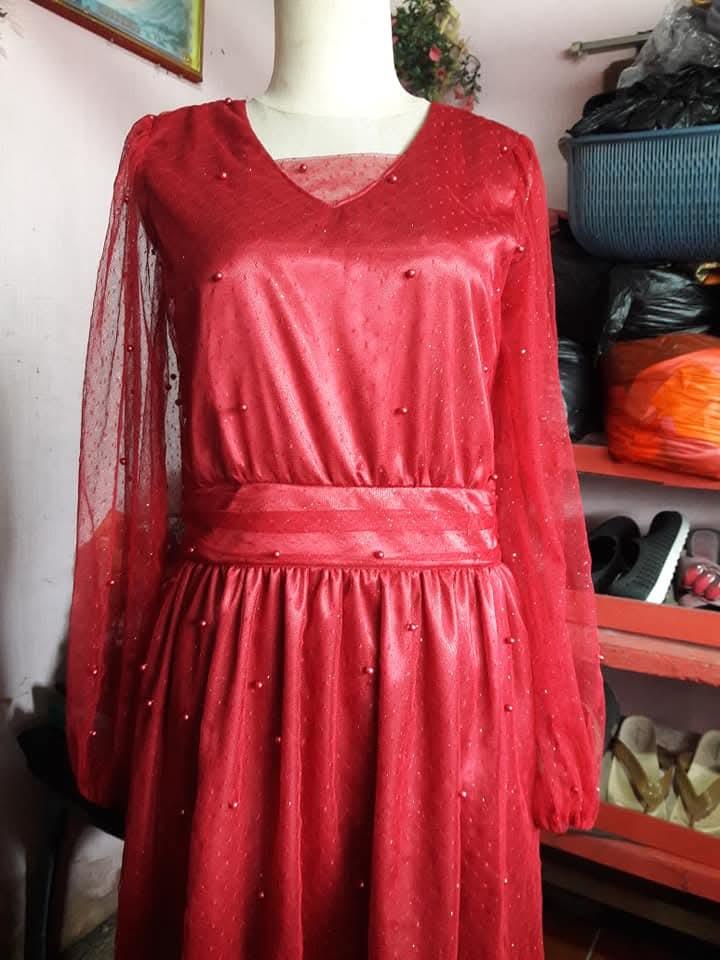 Dress Satin Merah Lengan Jaring